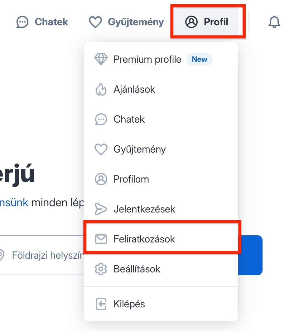 Belépés a Feliratkozások menübe a Jooble profilmenün keresztül