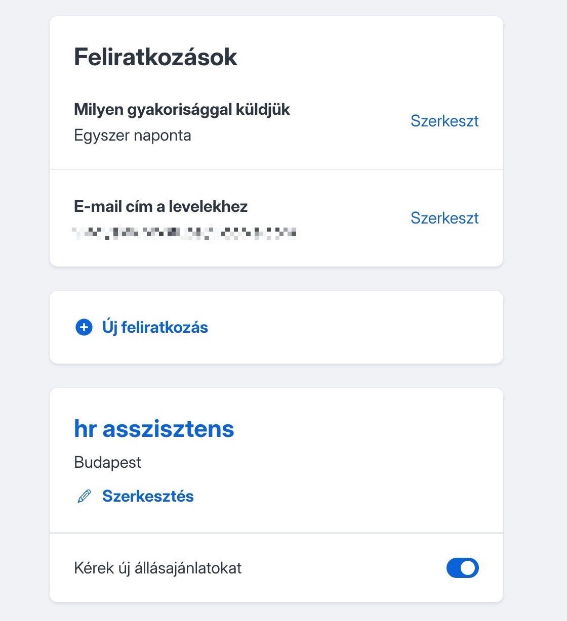 Aktív feliratkozási kapcsoló a keresési találati oldalon