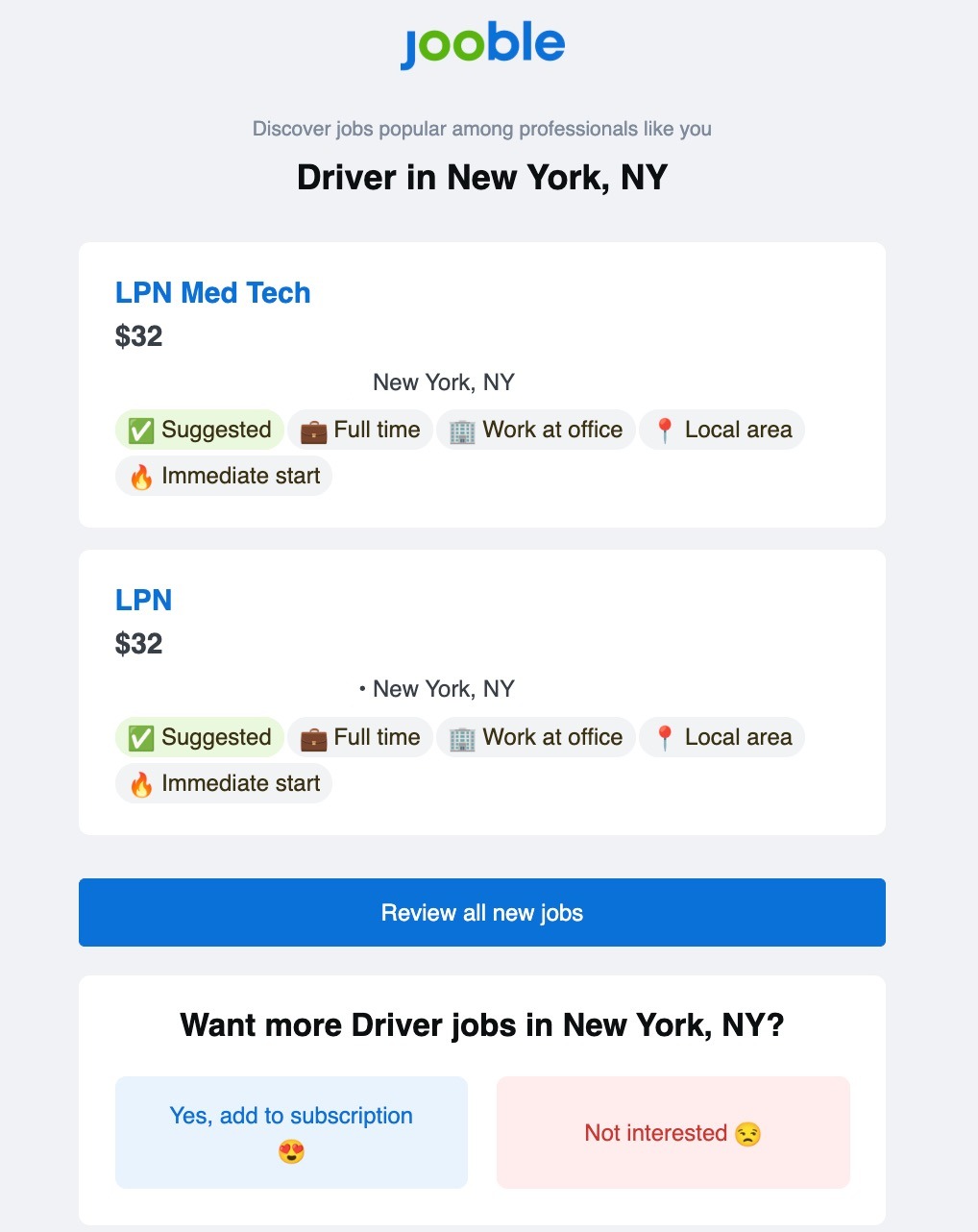 Exemple d'e-mail de recommandations d'emploi