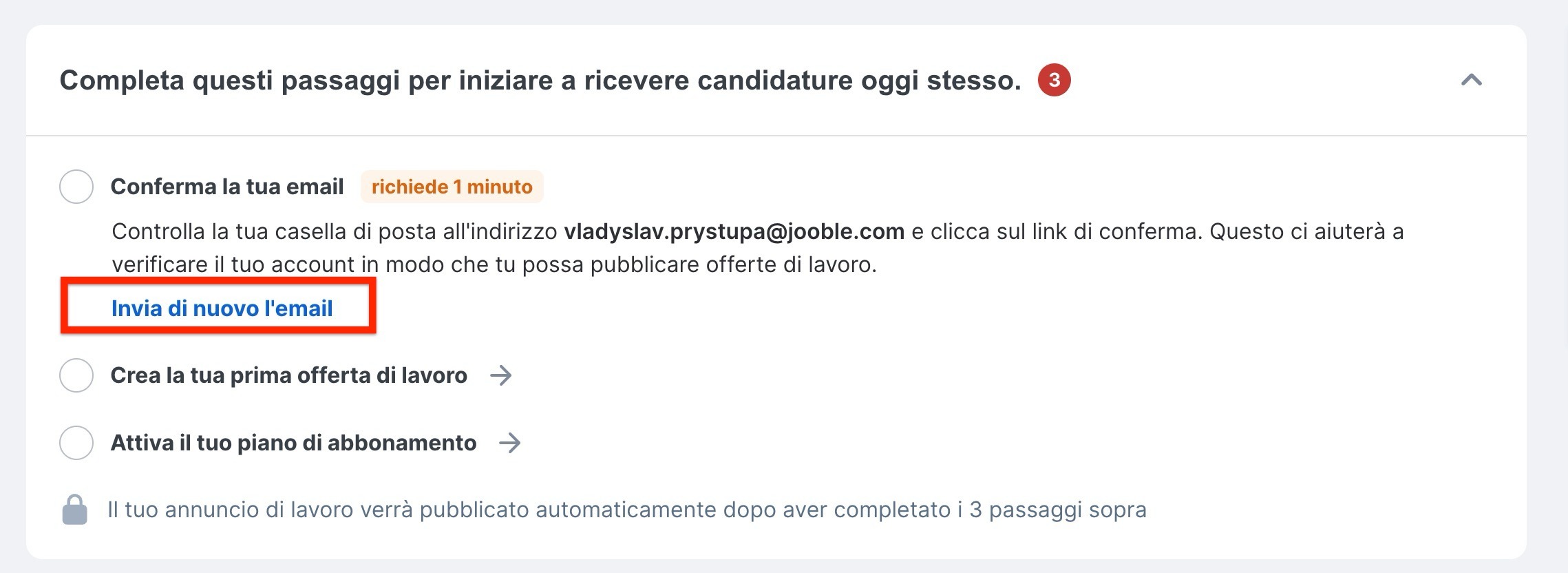 Opzione Invia nuovamente email di conferma