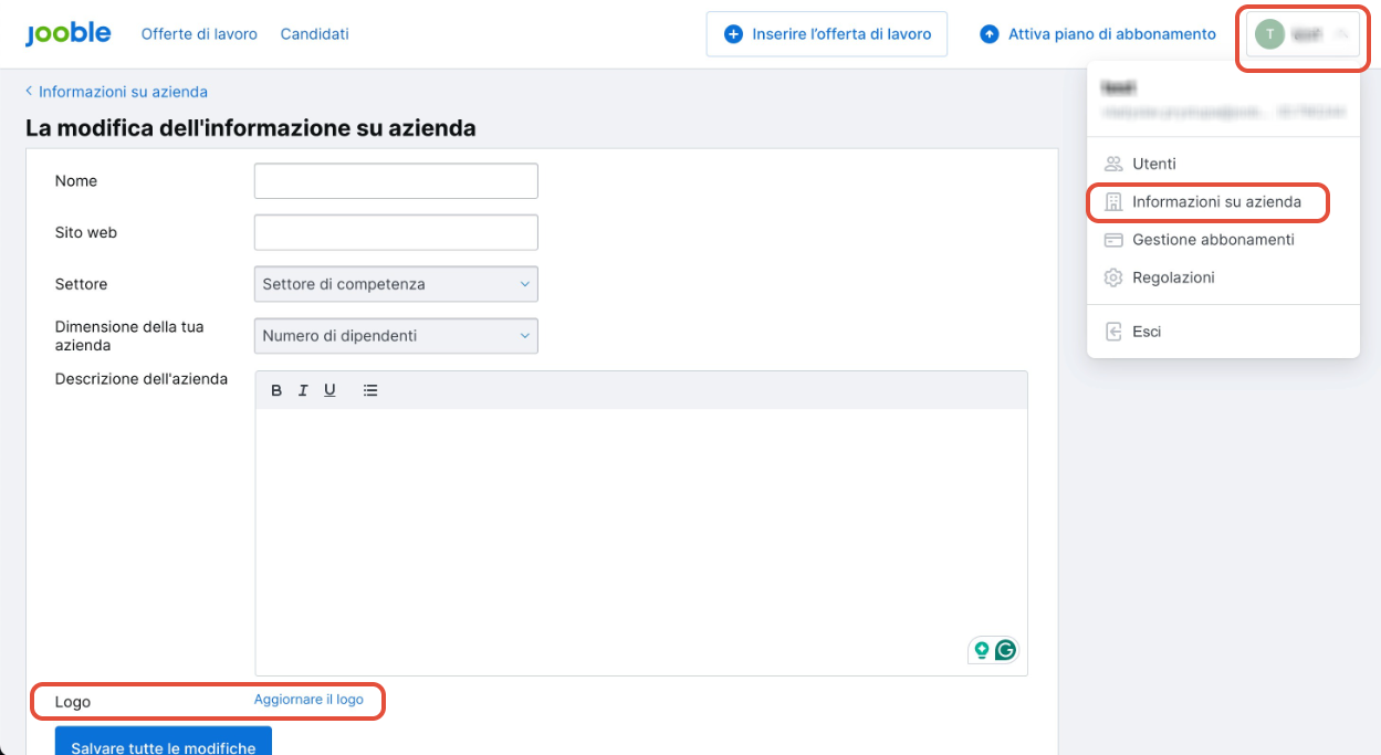 Menu Informazioni su azienda e pulsante per aggiornare il logo