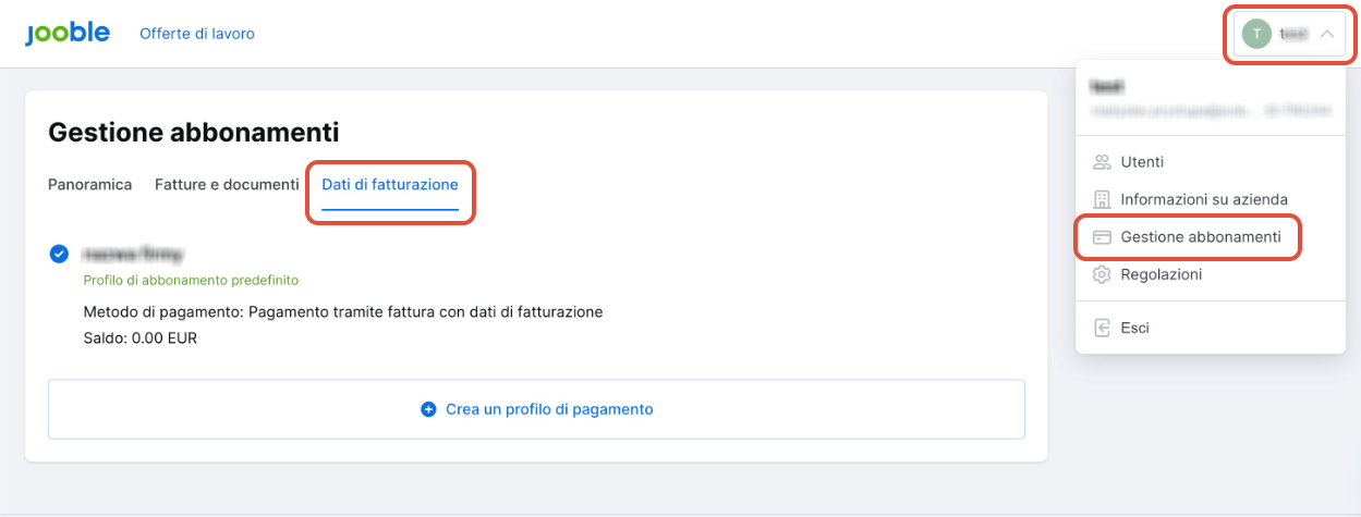 Sezione Dati di fatturazione e creazione profilo