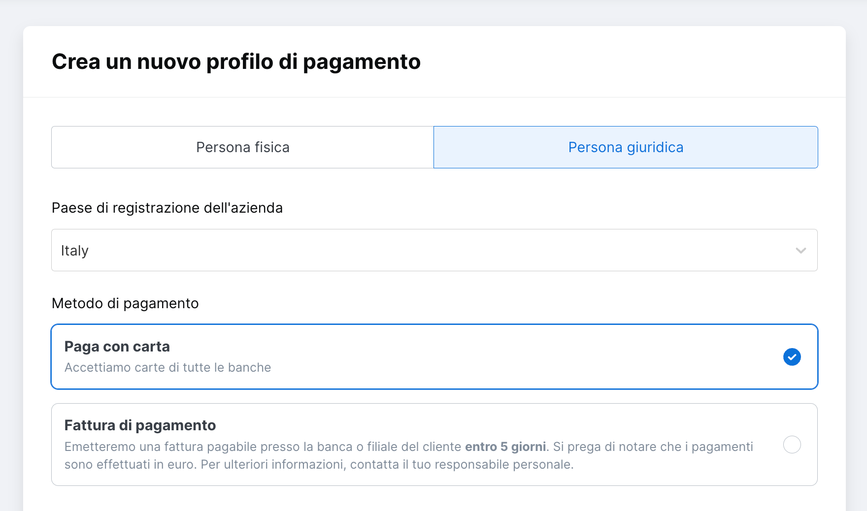 Profilo di pagamento persona giuridica