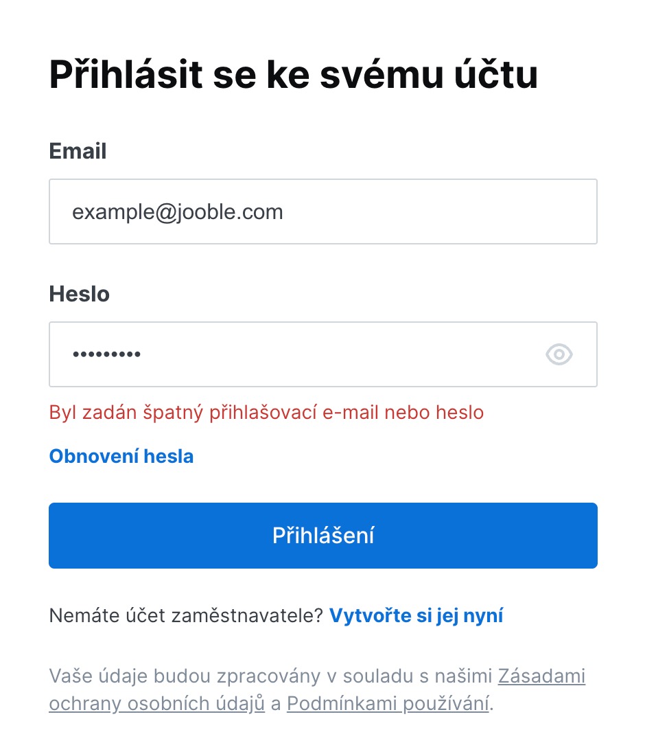Přihlašovací stránka pro zaměstnavatele