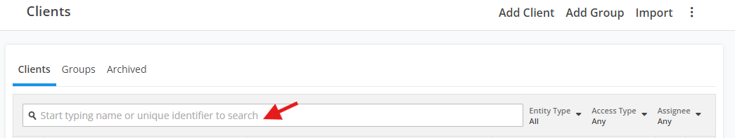 Search Client via Clients Section