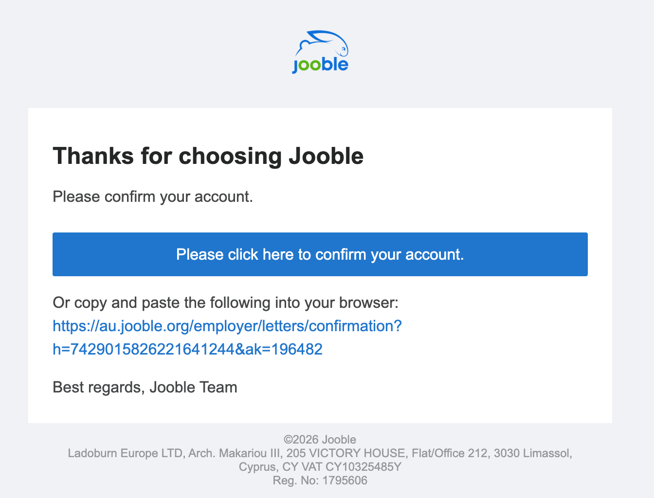 Jooble registration confirmation email