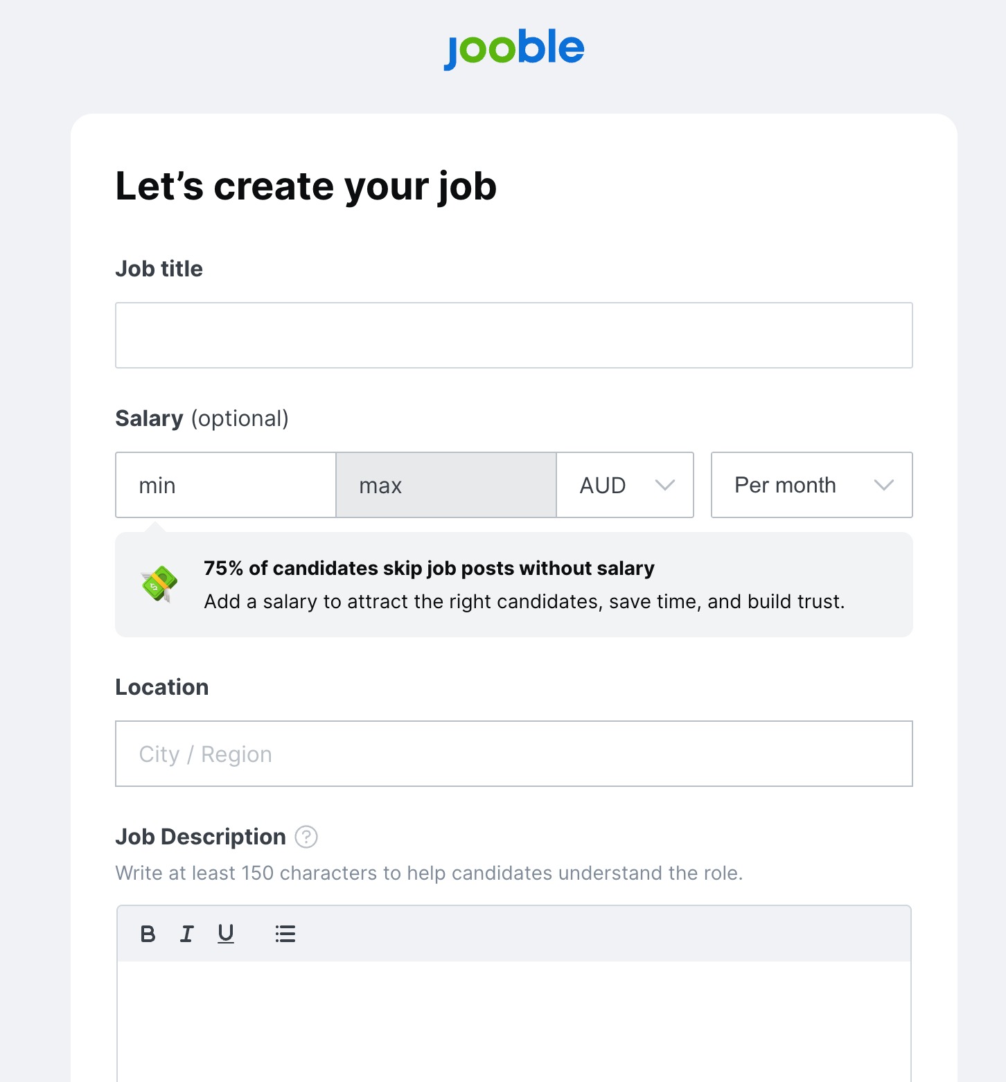 Creating a job posting form on Jooble