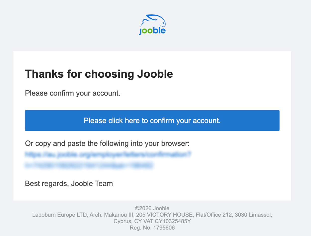 Jooble registration confirmation email