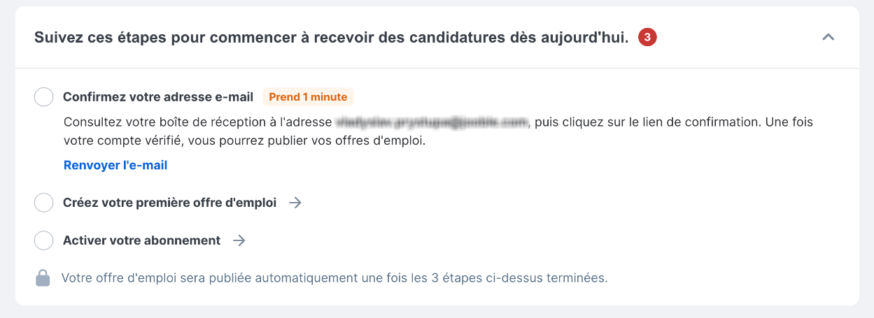 Menu de progression du compte employeur Jooble
