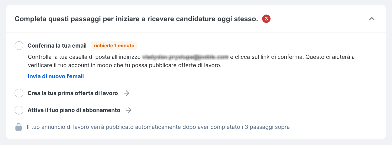 Menu di avanzamento dell'account aziendale Jooble
