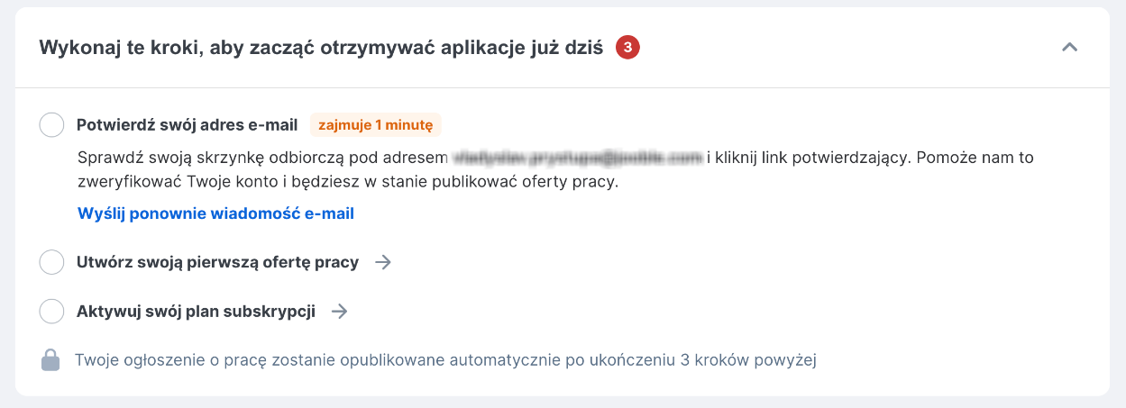 Potwierdzenie konta i menu postępu pracodawcy Jooble