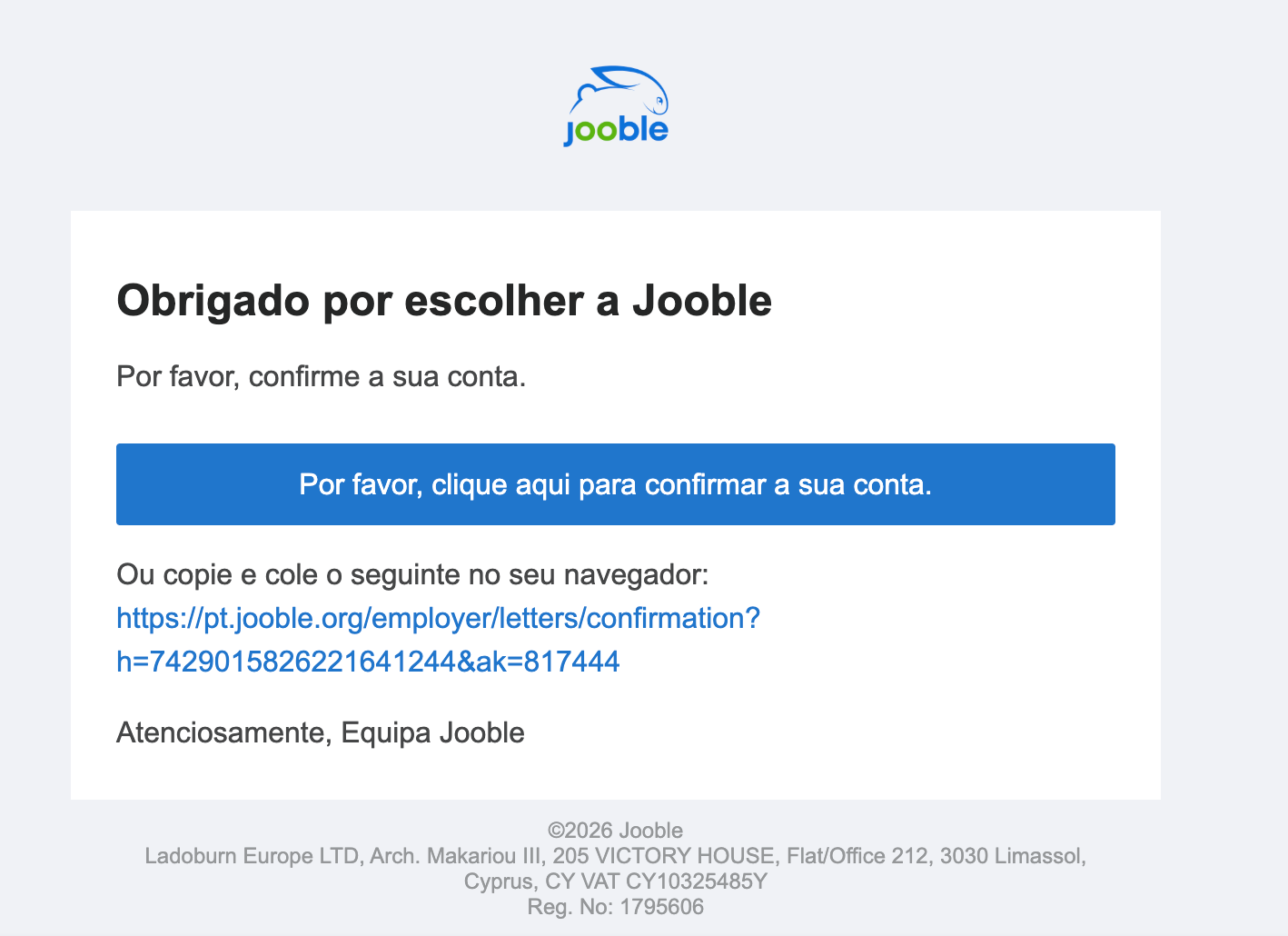 E-mail de confirmação de conta Jooble