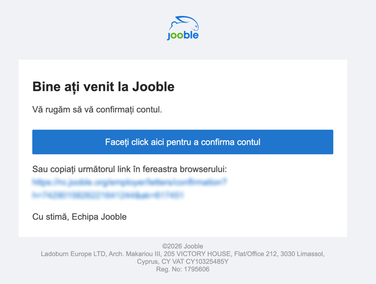 E-mail de confirmare pentru înregistrarea pe Jooble