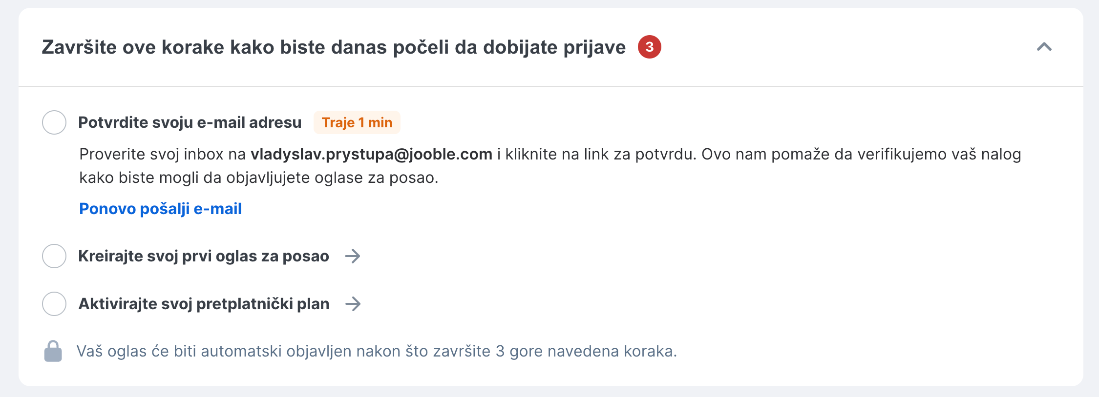 Meni napretka za aktivaciju naloga poslodavca