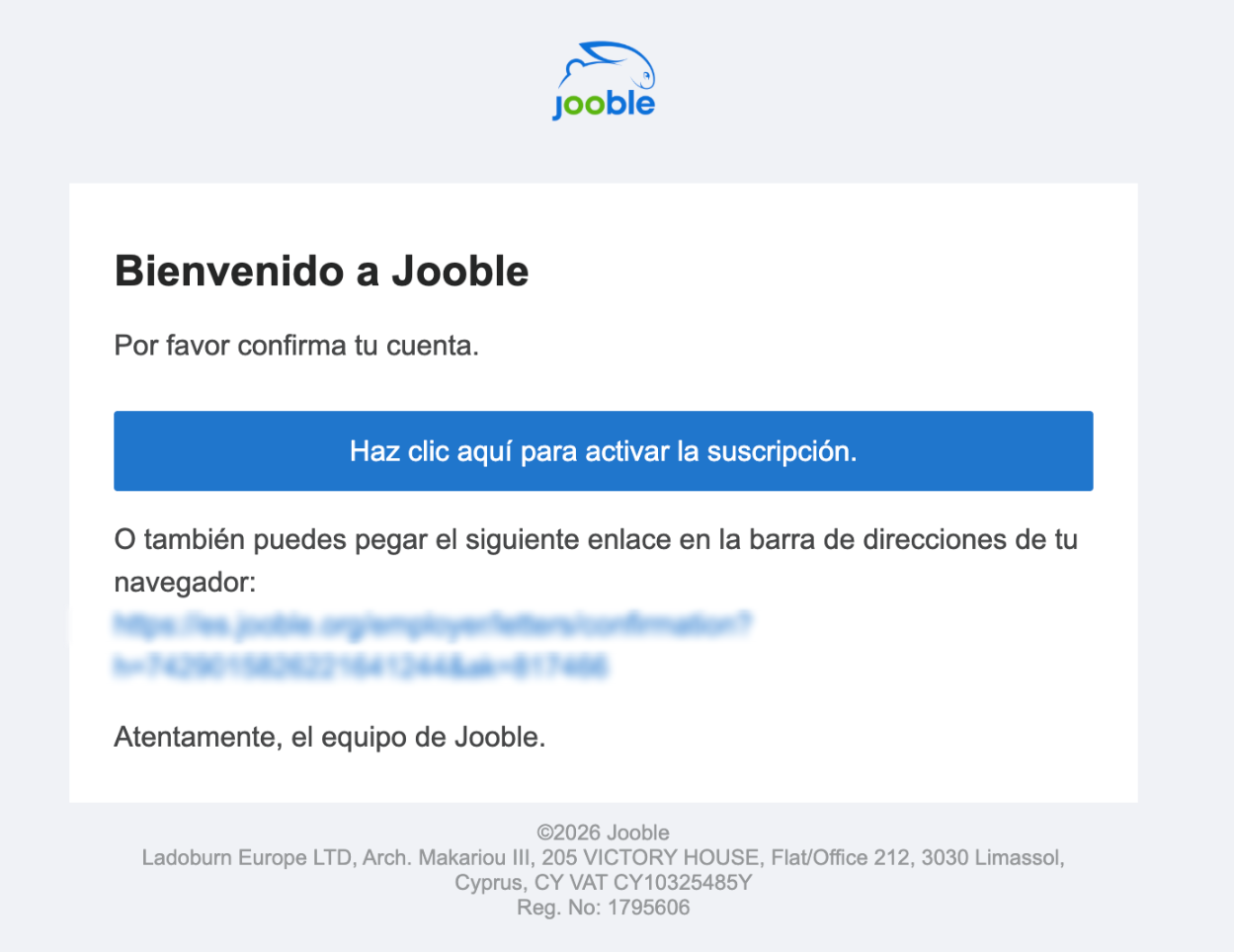 Correo electrónico de confirmación de cuenta Jooble