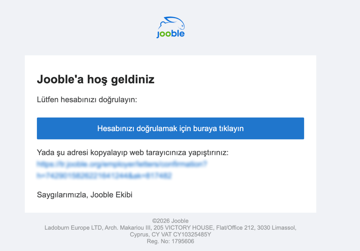 Jooble hesap doğrulama e-postası