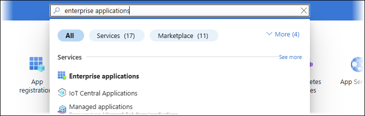 The Azure Portal search bar with "enterprise applications" typed into it