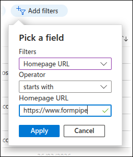 The Pick a Field window with settings that set up a filter on Homepage URL.