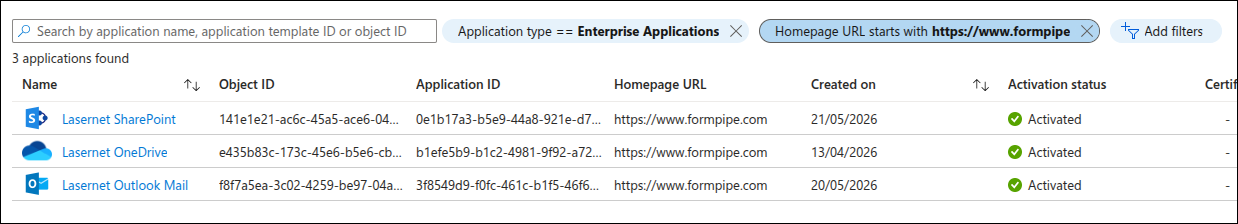 The list of enterprise apps in Azure Portal filtered on Homepage URL.