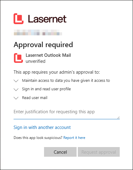 The admin approval request form for the app registration access request.