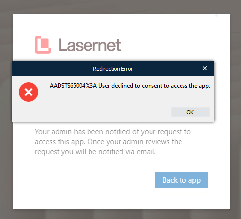 A Redirection Error message over the request confirmation message.