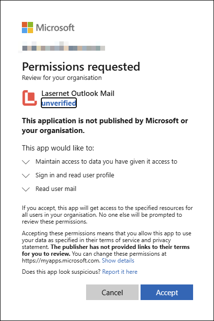Permission request for app to access the customer tenant.