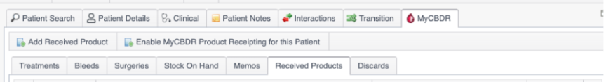 CBDR toolbar showing two buttons, Add Received Product and Enable MyCBDR Product Receipting for this Patient, above the sub-tab strip with Received Products selected.
CBDR toolbar showing two buttons, Add Received Product and Enable MyCBDR Product Receipting for this Patient, above the sub-tab strip with Received Products selected.