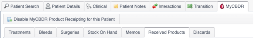 CBDR toolbar showing a single button, Disable MyCBDR Product Receipting for this Patient. The Add Received Product button is not present.
CBDR toolbar showing a single button, Disable MyCBDR Product Receipting for this Patient. The Add Received Product button is not present.