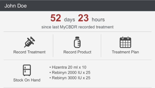 MyCBDR patient app home screen showing three tiles, Record Treatment, Record Product and Treatment Plan, and below them a Stock On Hand section listing the patient’s products and quantities.
MyCBDR patient app home screen showing three tiles, Record Treatment, Record Product and Treatment Plan, and below them a Stock On Hand section listing the patient’s products and quantities.