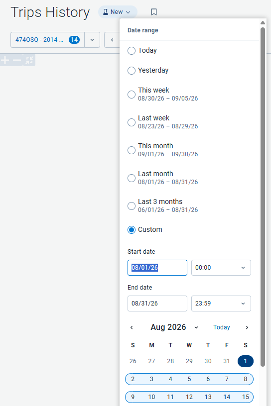 Trips History with custom date selection fields