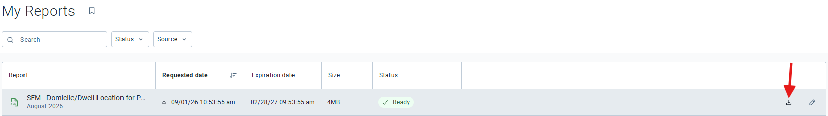 My Reports screen with search field, status and source filters, and tabular list of reports by requested date, expiration date, size, and status. The download option is highlighted.