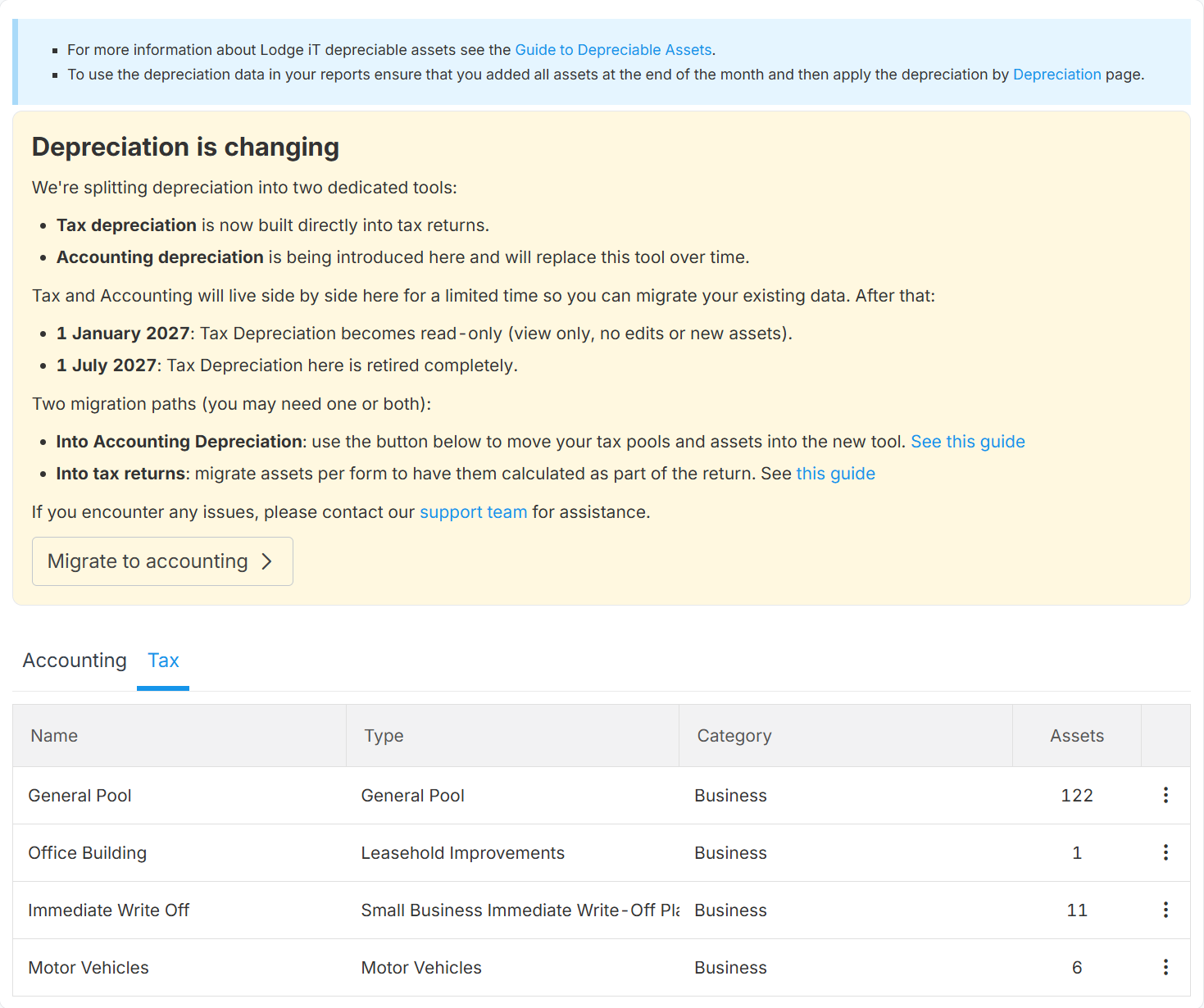 Depreciable Assets page with the Depreciation is changing notice and the Migrate to accounting button