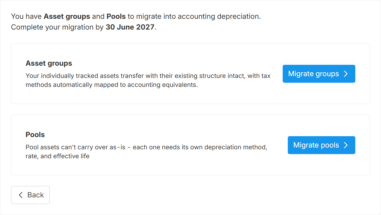 Depreciation migration screen listing asset groups and pools with their migrate buttons