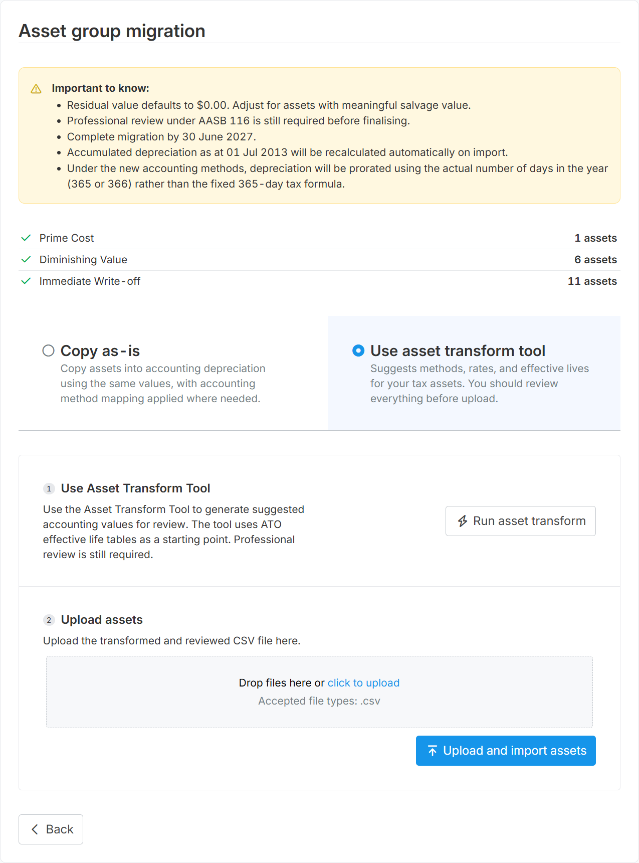 Asset group migration screen with the asset transform tool selected, showing the run and upload steps