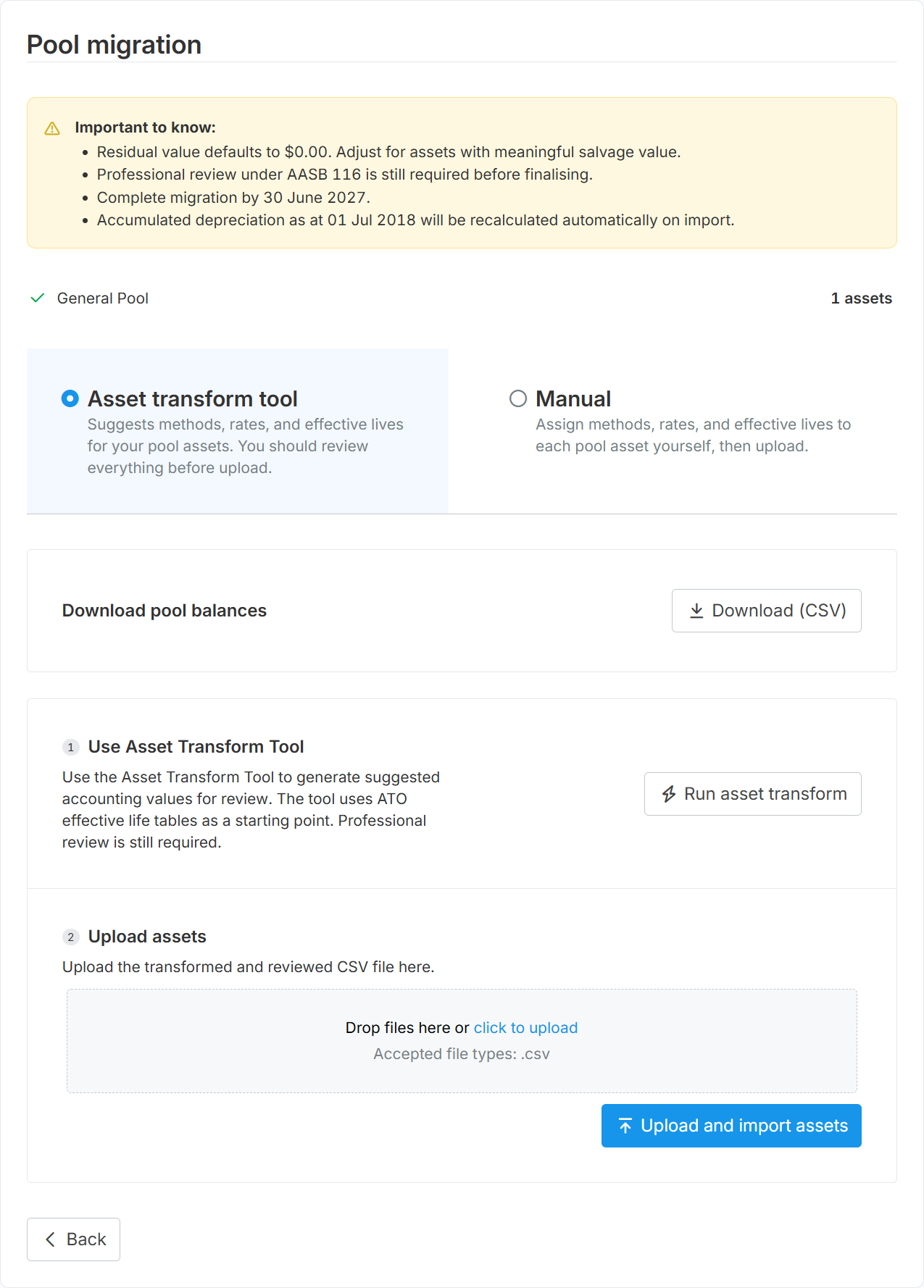 Pool migration screen with the asset transform tool selected, showing the run and upload steps
