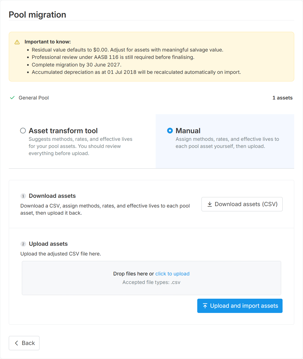 Pool migration screen with Manual selected, showing the download and upload steps