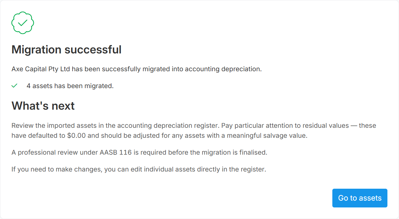 Migration successful screen showing the migrated asset count and the Go to assets button