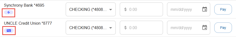 Captura de pantalla de la pantalla de pago de facturas mostrando los iconos de cheque y pagos electrónicos