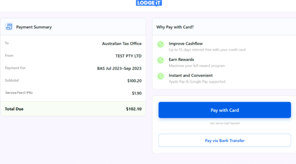 Payment Summary with the fee, total due and Pay with Card