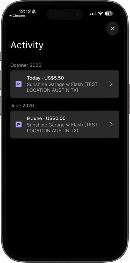 ParkMobile Activity screen displaying list of past parking transactions