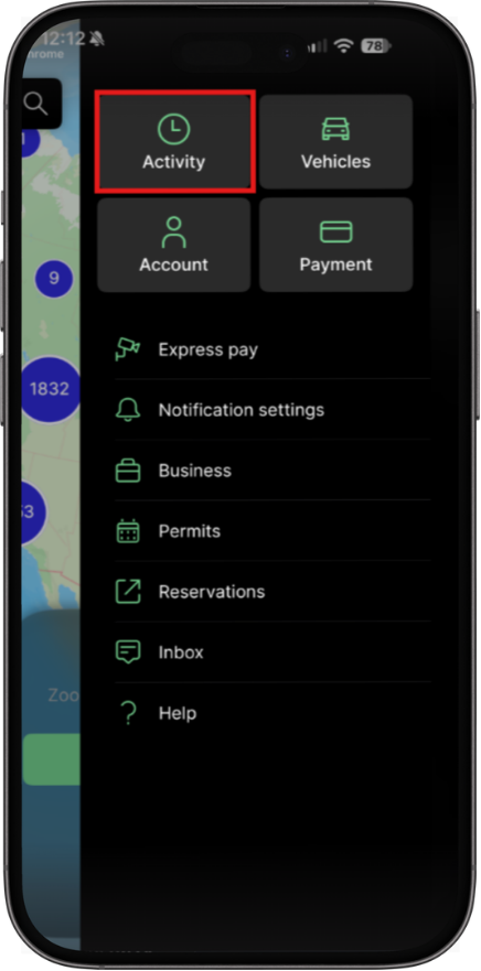 ParkMobile menu with Activity option highlighted