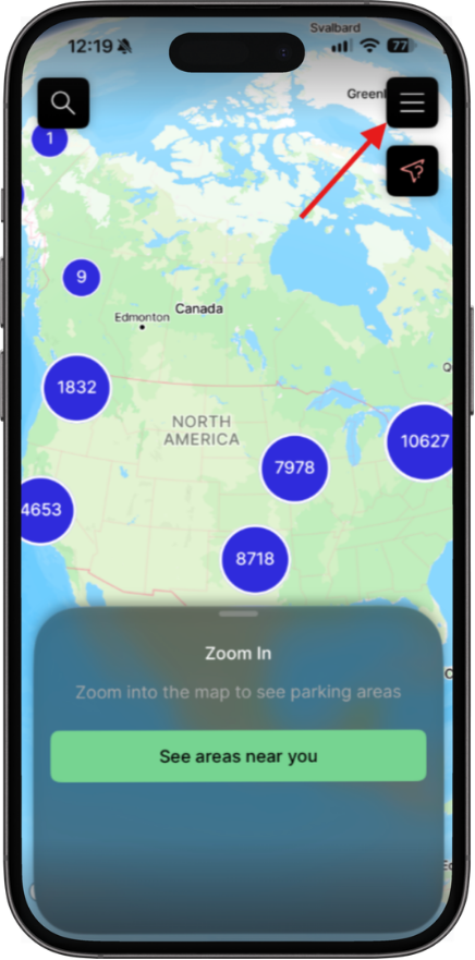 ParkMobile app main screen with menu icon highlighted
