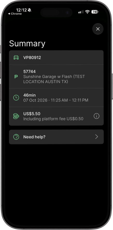 ParkMobile receipt summary screen