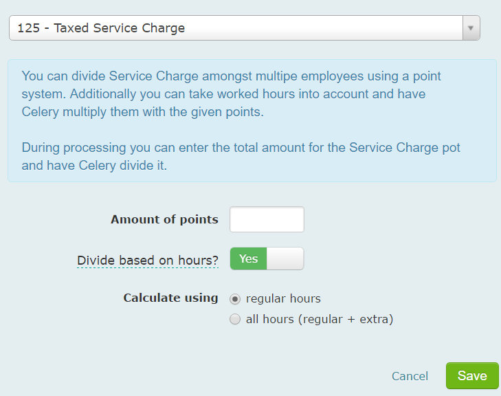 How does wage code 125 Taxed Service Charge work? Celery Support