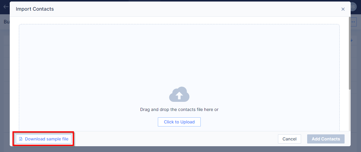 Import Contacts pop-up window with Click to Upload area and the Download Sample File button highlighted at the bottom-left corner.