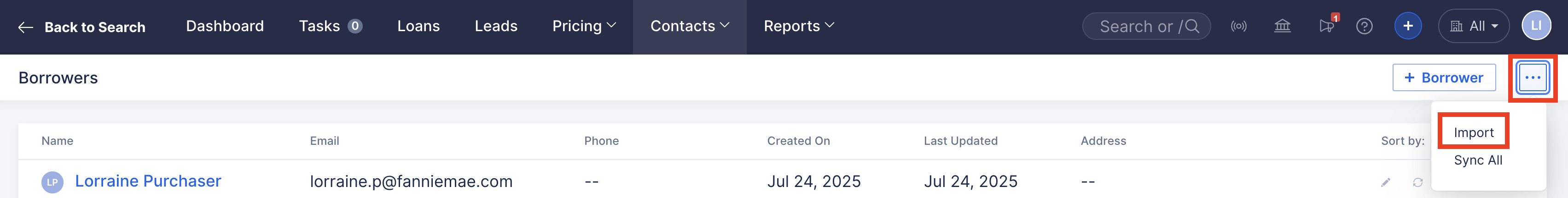 ARIVE Borrower Contacts screen with the More button (three dots) in the top-right corner highlighted, and Import Contacts option shown.