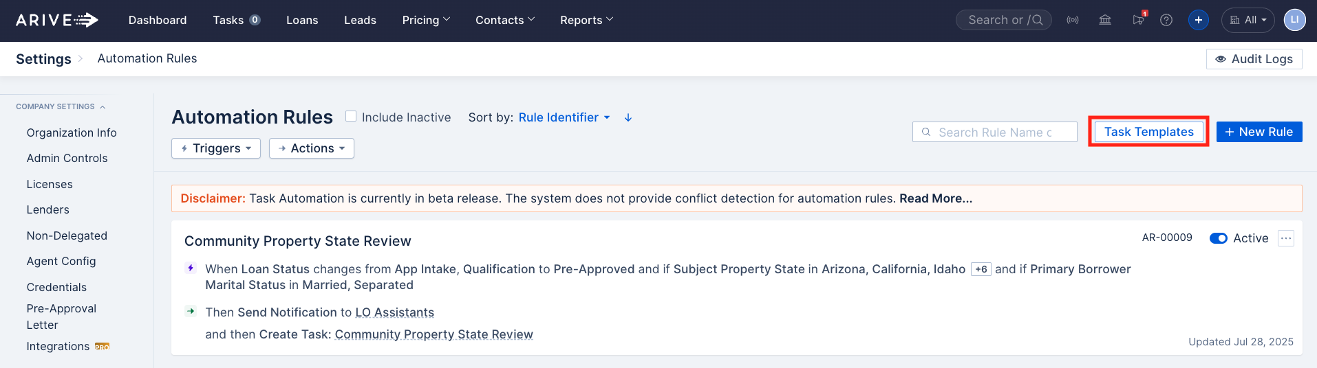 ARIVE Automation Rules screen with the Task Templates button highlighted. This button opens predefined task templates that can be used when creating automation rules.