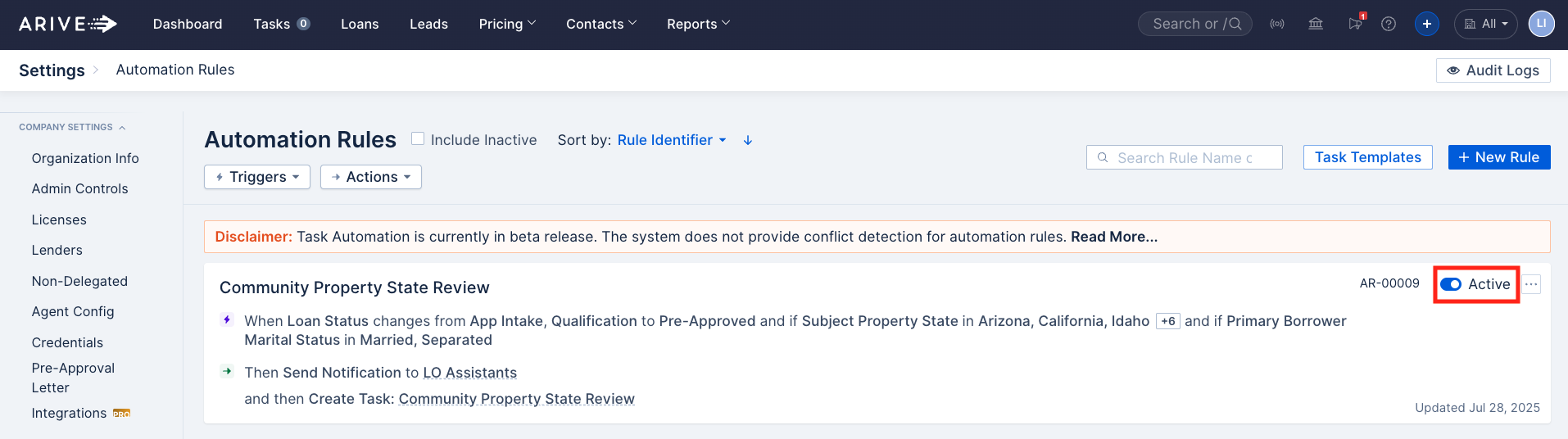 Example automation rule in ARIVE with the Active toggle highlighted, used to enable or disable the rule.