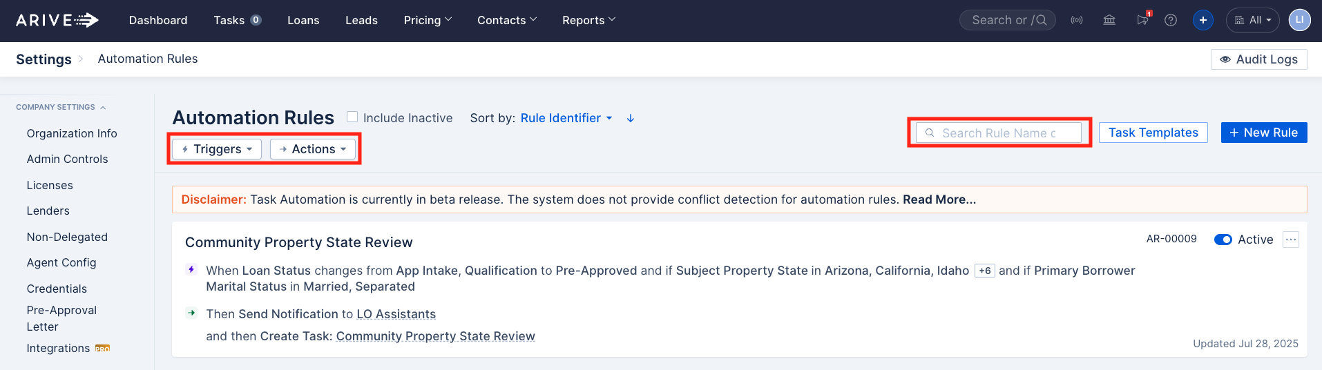 Automation Rules screen in ARIVE with Triggers, Actions, and Search Rule Name fields highlighted for filtering and searching automation rules.