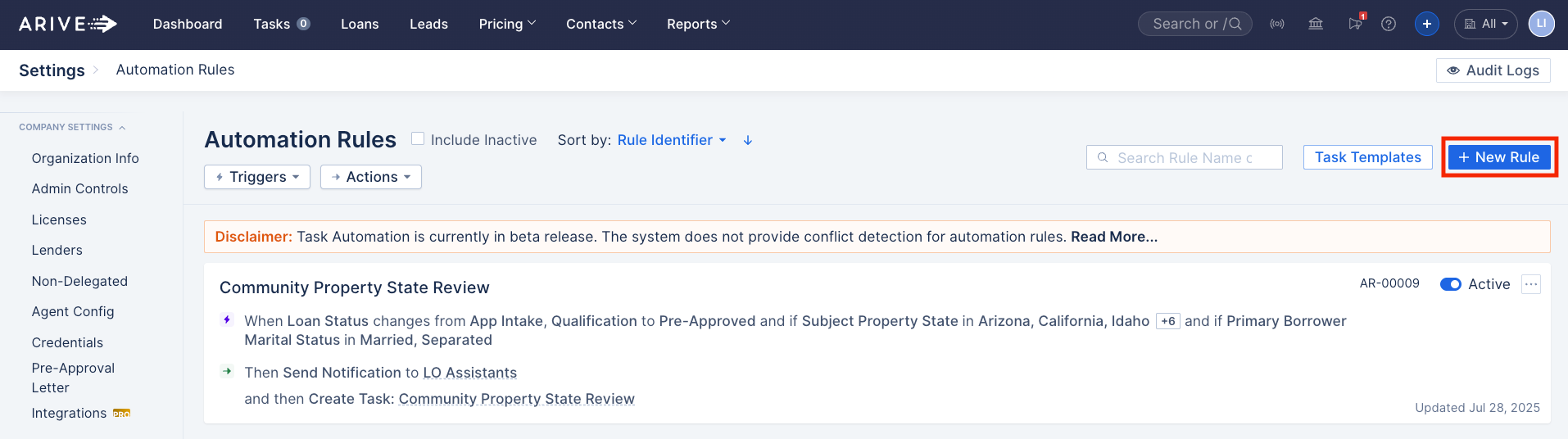 ARIVE Automation Rules screen showing the + New Rule button in the top right to begin creating a new automation rule.
